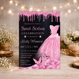 Invitación Vestido de purpurina rosa bebé acuarela Dulces Die