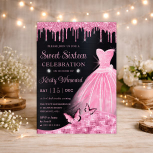 Invitación Vestido de purpurina rosa bebé acuarela Dulces Die