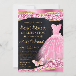 Invitación Vestido de purpurina rosa y dorado acuarela Dulces
