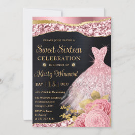 Invitación Vestido de purpurina rosa y dorado acuarela Sweet 