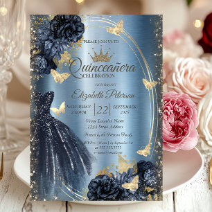 Invitación Vestido de purpurina, rosas, mariposas azul metáli