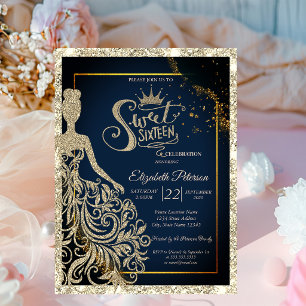 Invitación Vestido de purpurina, Tiara azul marino purpurina 
