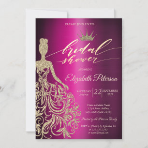 Invitación Vestido de purpurina, tiara, ducha de novia metáli