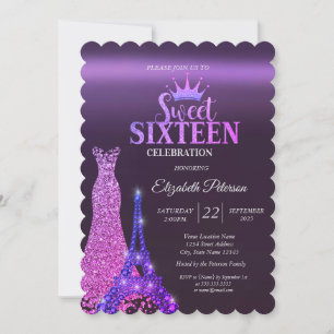Invitación Vestido de purpurina, tiara, Torre Eiffel Sweet 16