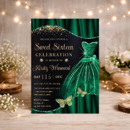 Invitación Vestido de purpurina verde dorado acuarela Dulces 