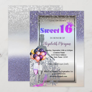 Invitación Vestido de purpurina violeta plateado, Fiesta de d