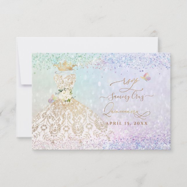 Invitación Vestido de Quince de Oro Blanco de PixDezines RSVP (Anverso)