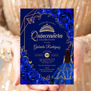 Invitación Vestido de Quinceañera Azul Real Dorado Floral