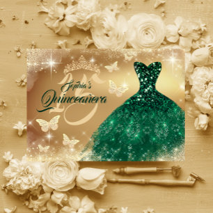 Invitación Vestido de Quinceañera Brillo Oro Esmeralda 