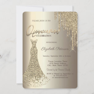Invitación Vestido de Quinceañera Champagne con Drips de Bril