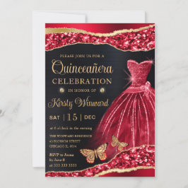 Invitación Vestido de Quinceañera con acuarela roja y brillo 
