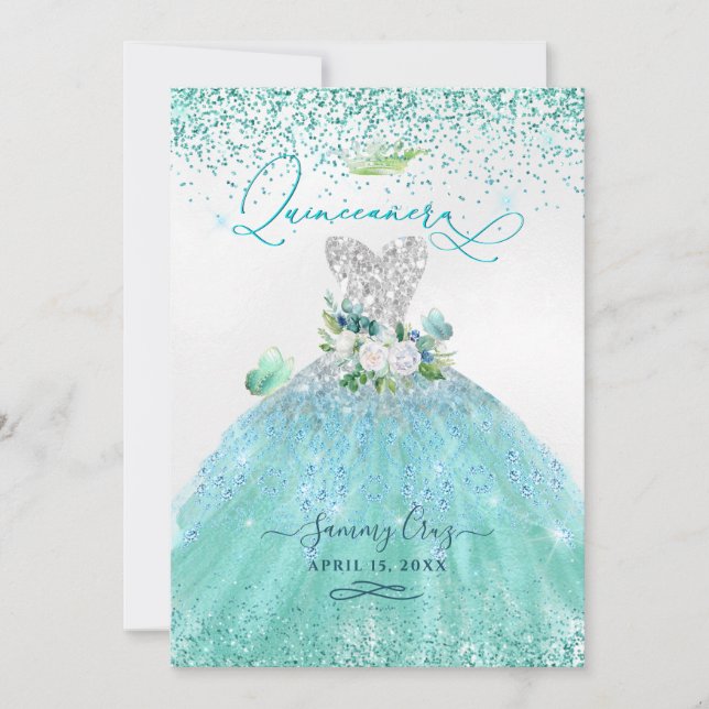 Invitación Vestido de quinceañera con brillo Aqua Teal de Pix (Anverso)