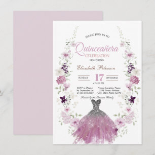 Invitación Vestido de quinceañera con brillo de flores silves