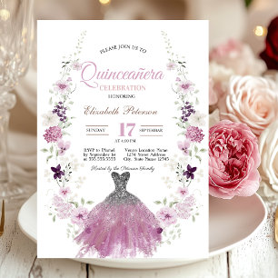 Invitación Vestido de quinceañera con brillo de flores silves