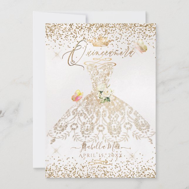 Invitación Vestido de Quinceañera con Brillo de Oro Blanco de (Anverso)