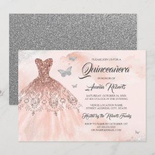 Invitación Vestido de Quinceañera con brillo de oro rosa en a