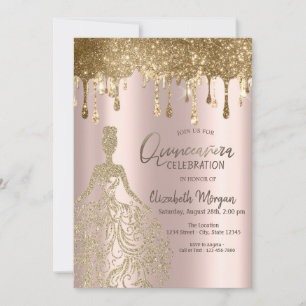 Invitación Vestido de quinceañera con brillo de rosa oro