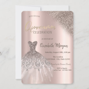 Invitación Vestido de Quinceañera con brillo de rosa oro Boke