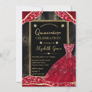 Invitación Vestido de Quinceañera con Brillo Dorado y Rojo