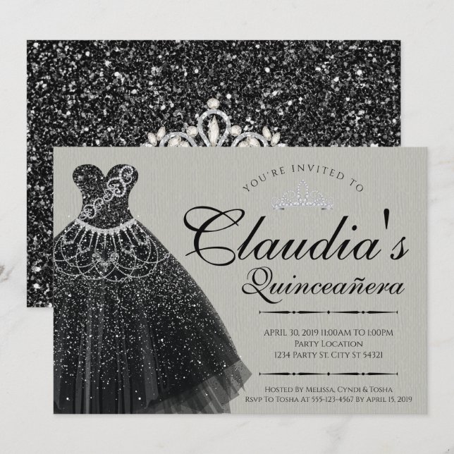 Invitación Vestido de Quinceañera con Brillo Negro (Anverso / Reverso)