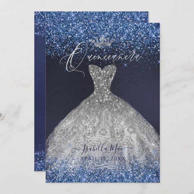 Invitación Vestido de quinceañera con brillo plateado (Anverso / Reverso)
