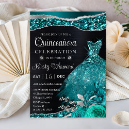 Invitación Vestido de Quinceañera con brillo plateado y acuar