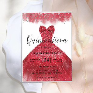 Invitación Vestido de Quinceañera con Brillo Rojo para Cumple