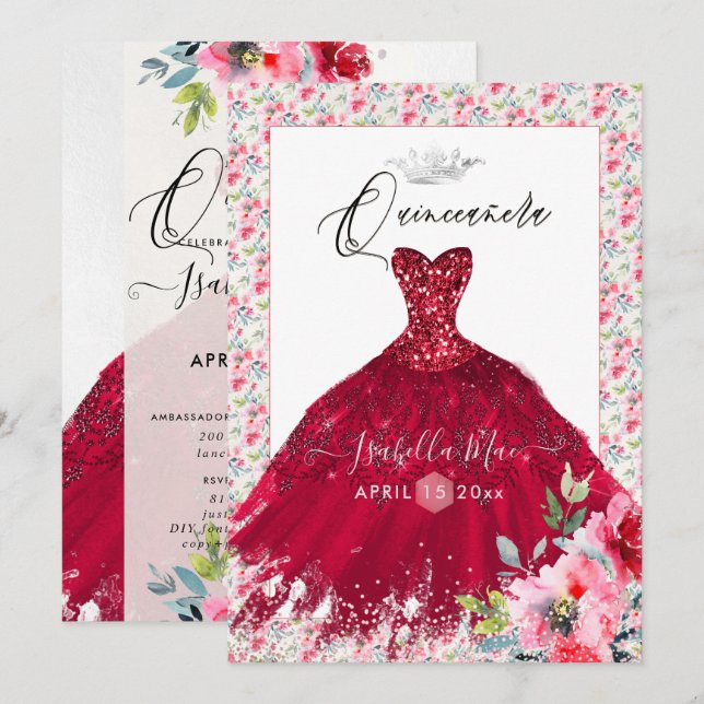 Invitación Vestido de Quinceañera con Brillo Rojo y Flores Ac (Anverso / Reverso)