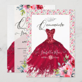 Invitación Vestido de Quinceañera con Brillo Rojo y Flores Ac