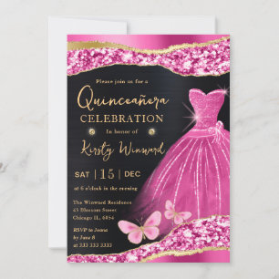 Invitación Vestido de Quinceañera con brillo rosa y dorado en