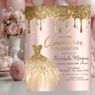 Invitación Vestido de Quinceañera con gotas de brillo de oro