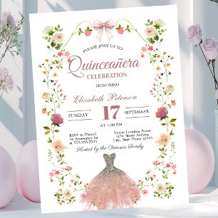 Invitación Vestido de quinceañera con lazo y flores silvestre