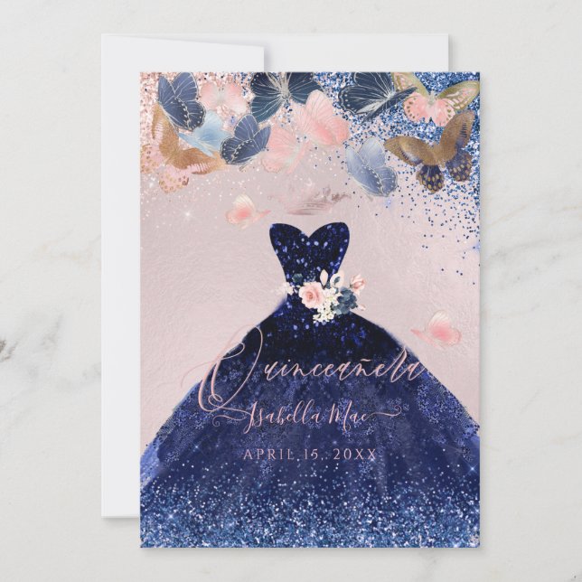Invitación Vestido de quinceañera con mariposas rosadas y bri (Anverso)