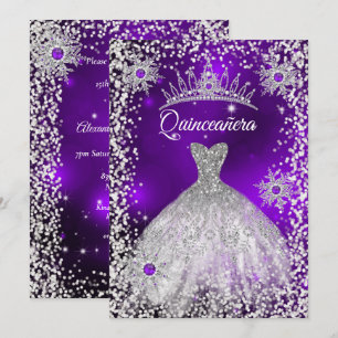 Invitación Vestido de quinceañera con tiara púrpura copo de n