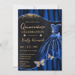Invitación Vestido de Quinceañera de acuarela azul y brillo d