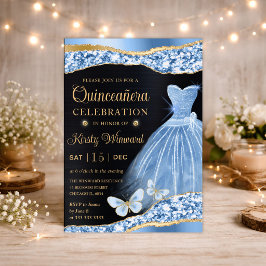 Invitación Vestido de Quinceañera de acuarela azul y brillo d