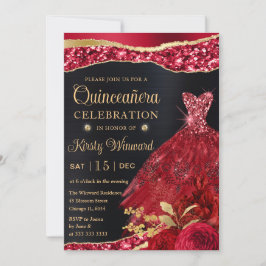 Invitación Vestido de Quinceañera de acuarela rojo y brillo d