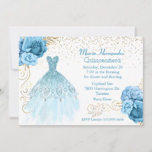 Invitación Vestido de Quinceañera de Aquamarina y Oro Glamuro
