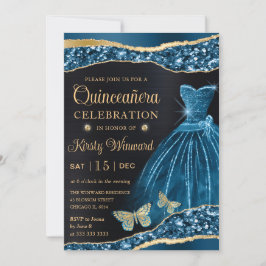 Invitación Vestido de Quinceañera de azul de acuarela y brill