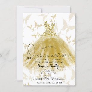Invitación Vestido de Quinceañera de Baile de Mariposa Dorado