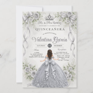Invitación Vestido de Quinceañera de Bow Plateado Floral Cump