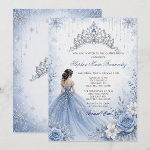 Invitación Vestido de quinceañera de brillo plateado azul pol