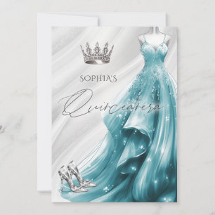 Invitación Vestido de Quinceañera de destellos plateados y tu