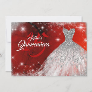 Invitación Vestido de Quinceañera de Encaje Rojo Plateado con