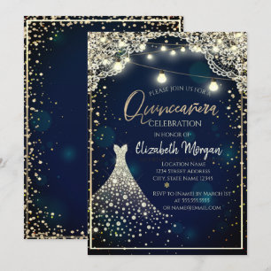 Invitación Vestido de Quinceañera de encaje y diamantes azul