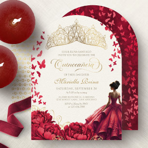Invitación Vestido de quinceañera de flores rojas de corona d