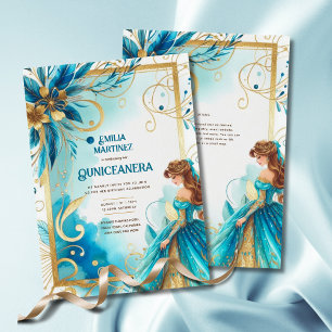 Invitación Vestido de Quinceañera de oro verde azulado