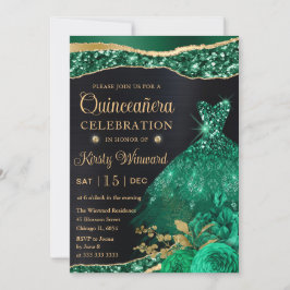 Invitación Vestido de Quinceañera de Purpurina Dorada Verde A