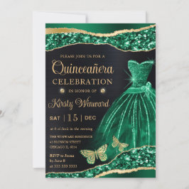Invitación Vestido de Quinceañera de purpurina dorada verde a