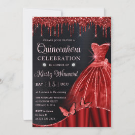 Invitación Vestido de Quinceañera de purpurina roja acuarela